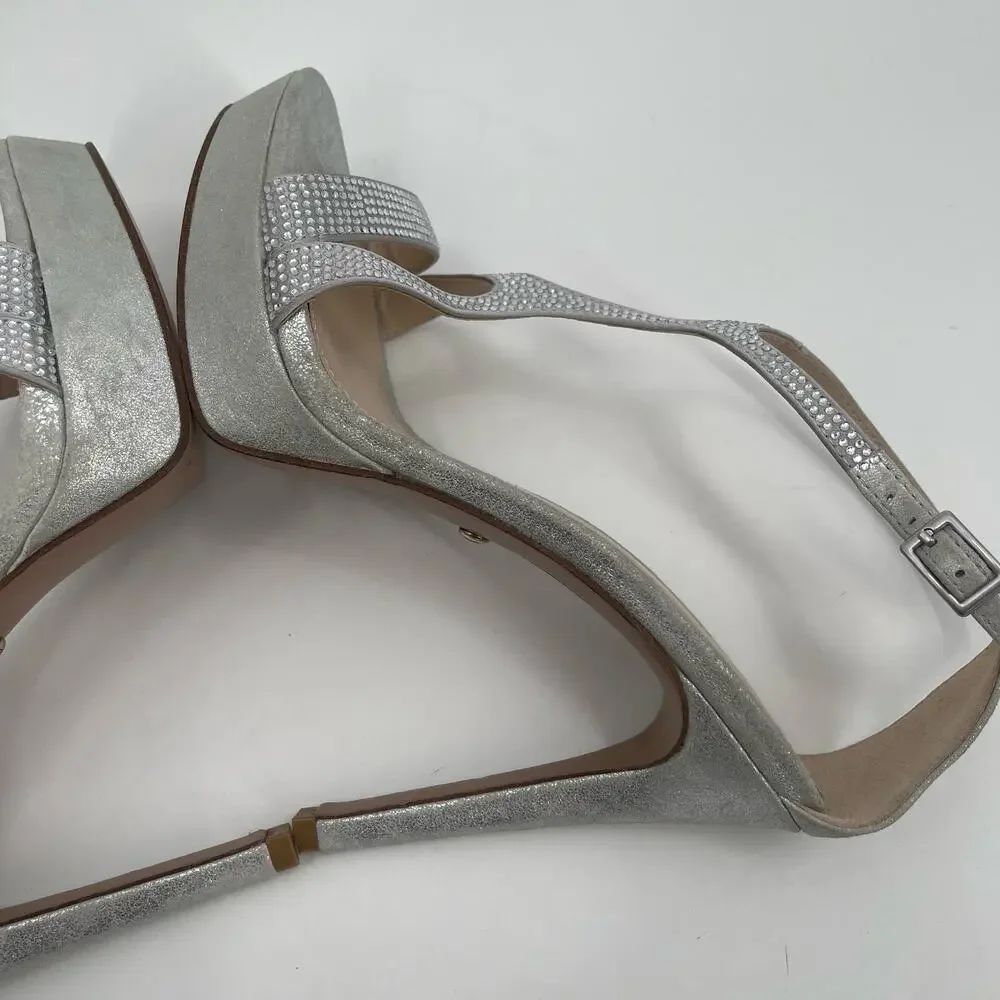 PELLE MODA Heels Size 8 Onora Platform Silver Rhinestone Crystals Strappy Ankle